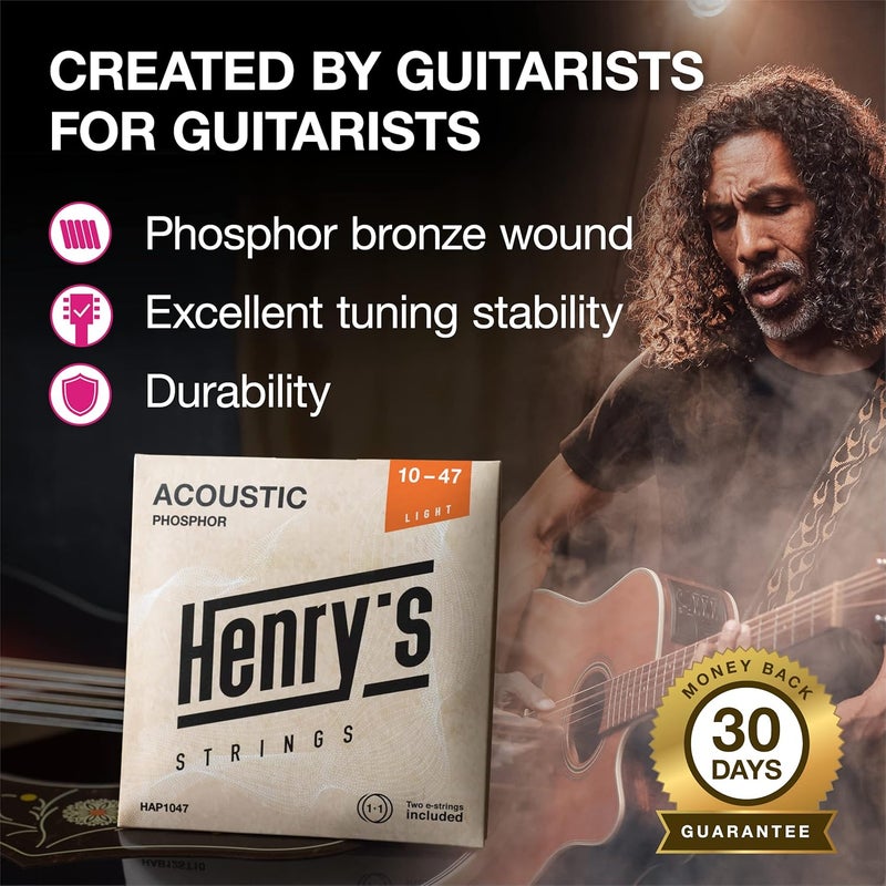 Henry's Strings Light Acoustic Guitar Strings 10-47 - Brilliant Sound & Extra E1 String & 3xGuitar Picks - Phosphor Bronze Guitar Strings Acoustic - Acoustic Guitar Strings 6 String Set - Image 4